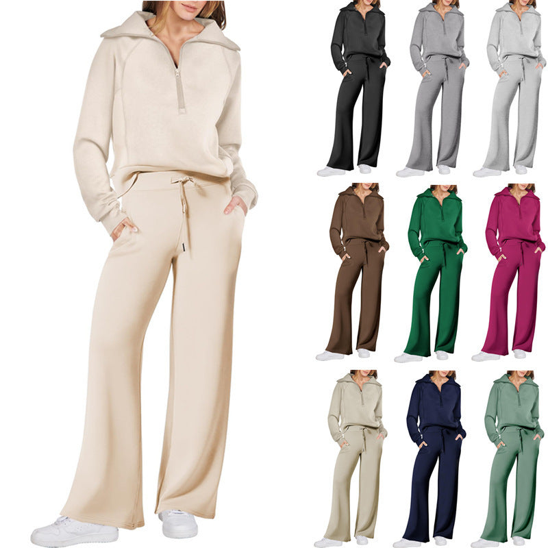 Zipper long-sleeved hoodie wide-leg pants two-piece set 12colors