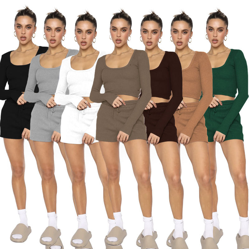 211277 Waffle solid color U-neck long sleeve short fashion casual shorts set 7 colors