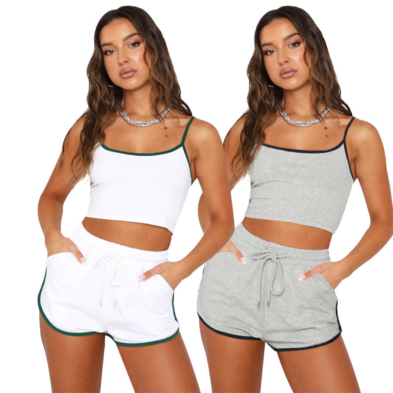 211302 Solid color sexy halter crop vest top drawstring pants set 2colors