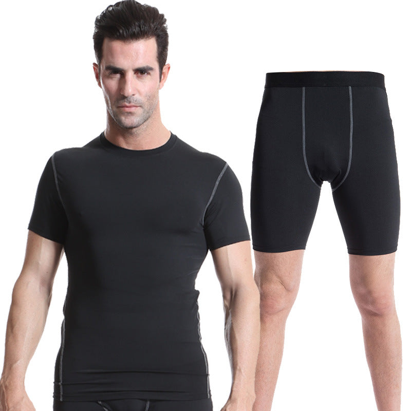 1003+1004 Men's PRO Tight Training Clothes Sports Fitness Suit Perspiration Quick-drying Short Sleeves + Shorts