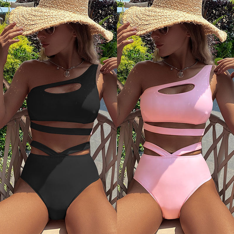 2023 New Swimsuit Solid Color One-shoulder Split Swimsuit High Waist Thong Swimsuit Women 2 Colors