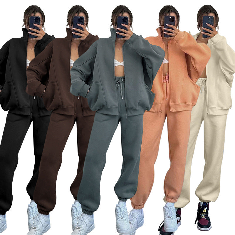 211340 Solid color stand collar cardigan long sleeve hoodie pant suit 5colors