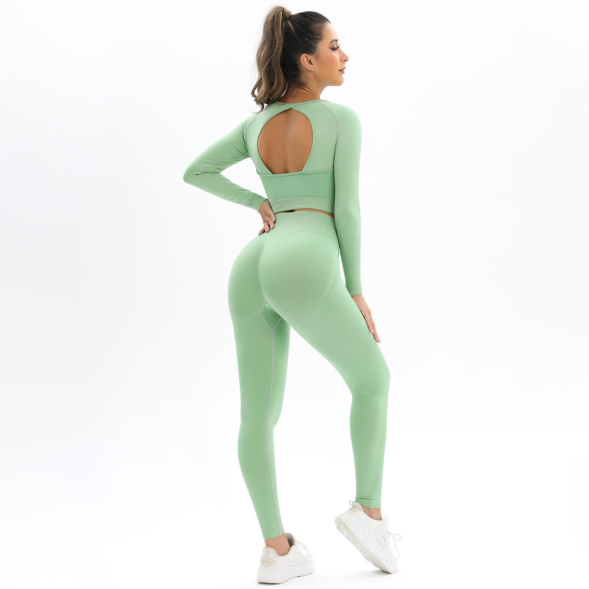 New Peach Seamless Knitting Backless High Elastic Long Sleeve Yoga Suit Sports Running Fitness Two-piece Women 6 Colors