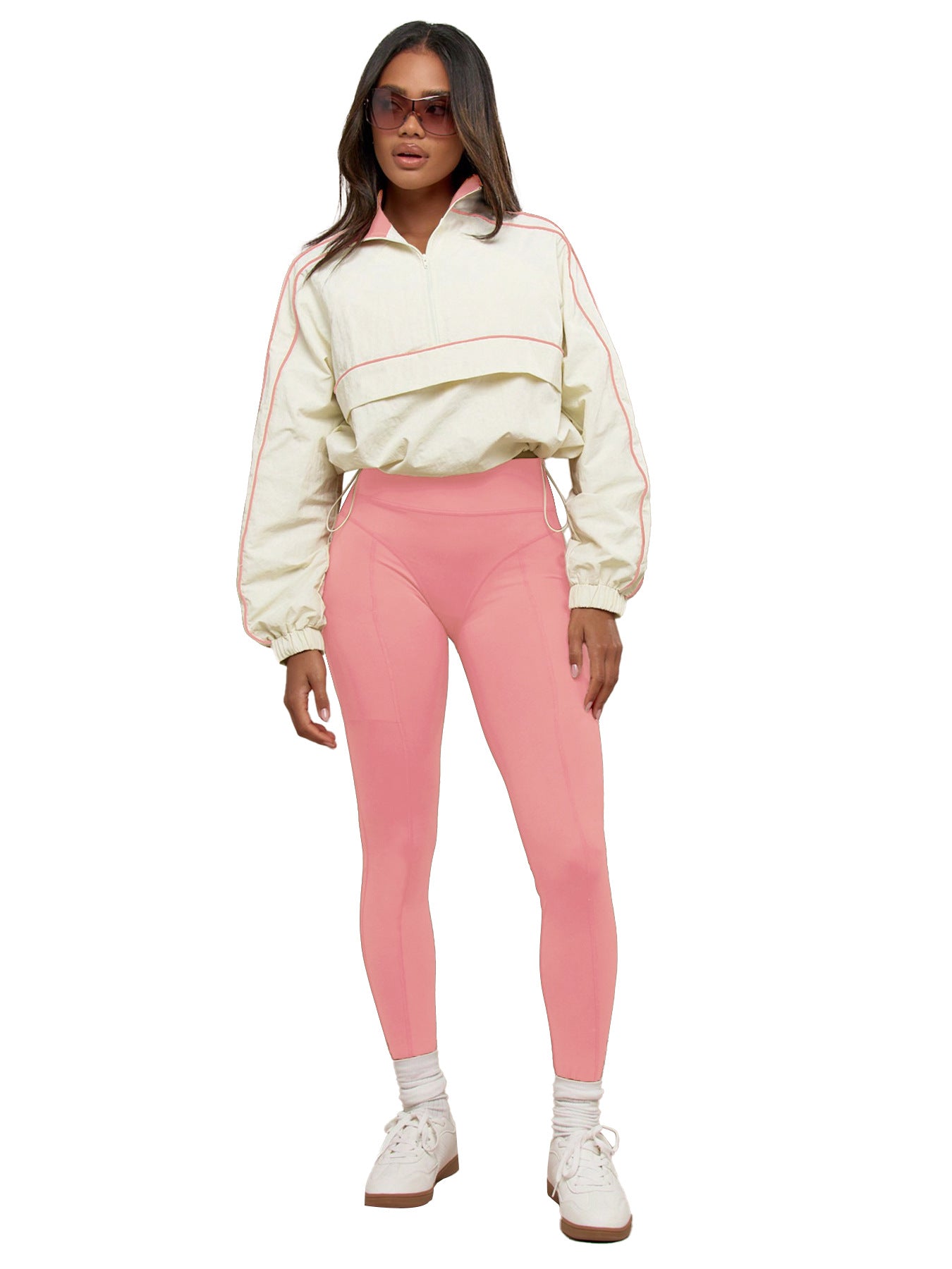 Women's drawstring waist-cinching nylon top, yoga pants, two-piece sporty and casual set