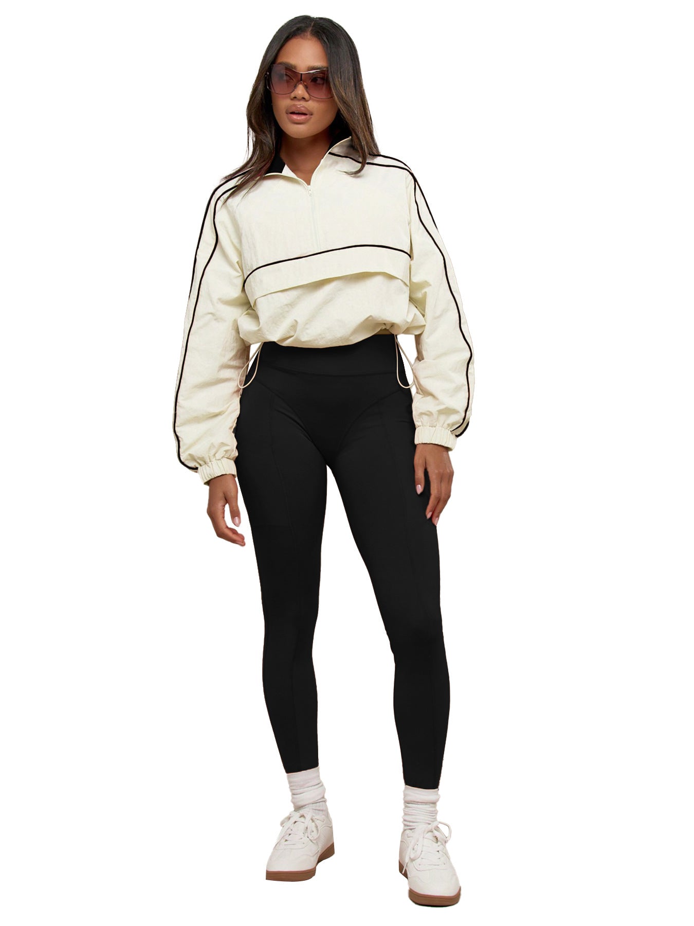 Women's drawstring waist-cinching nylon top, yoga pants, two-piece sporty and casual set