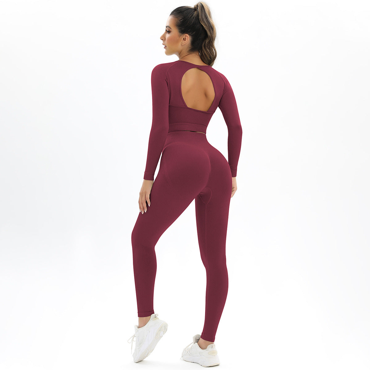 New Peach Seamless Knitting Backless High Elastic Long Sleeve Yoga Suit Sports Running Fitness Two-piece Women 6 Colors