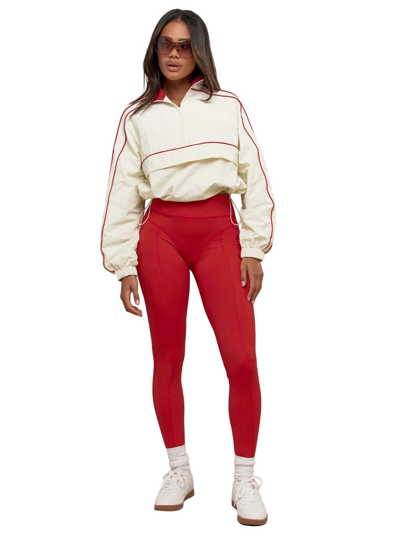 Women's drawstring waist-cinching nylon top, yoga pants, two-piece sporty and casual set
