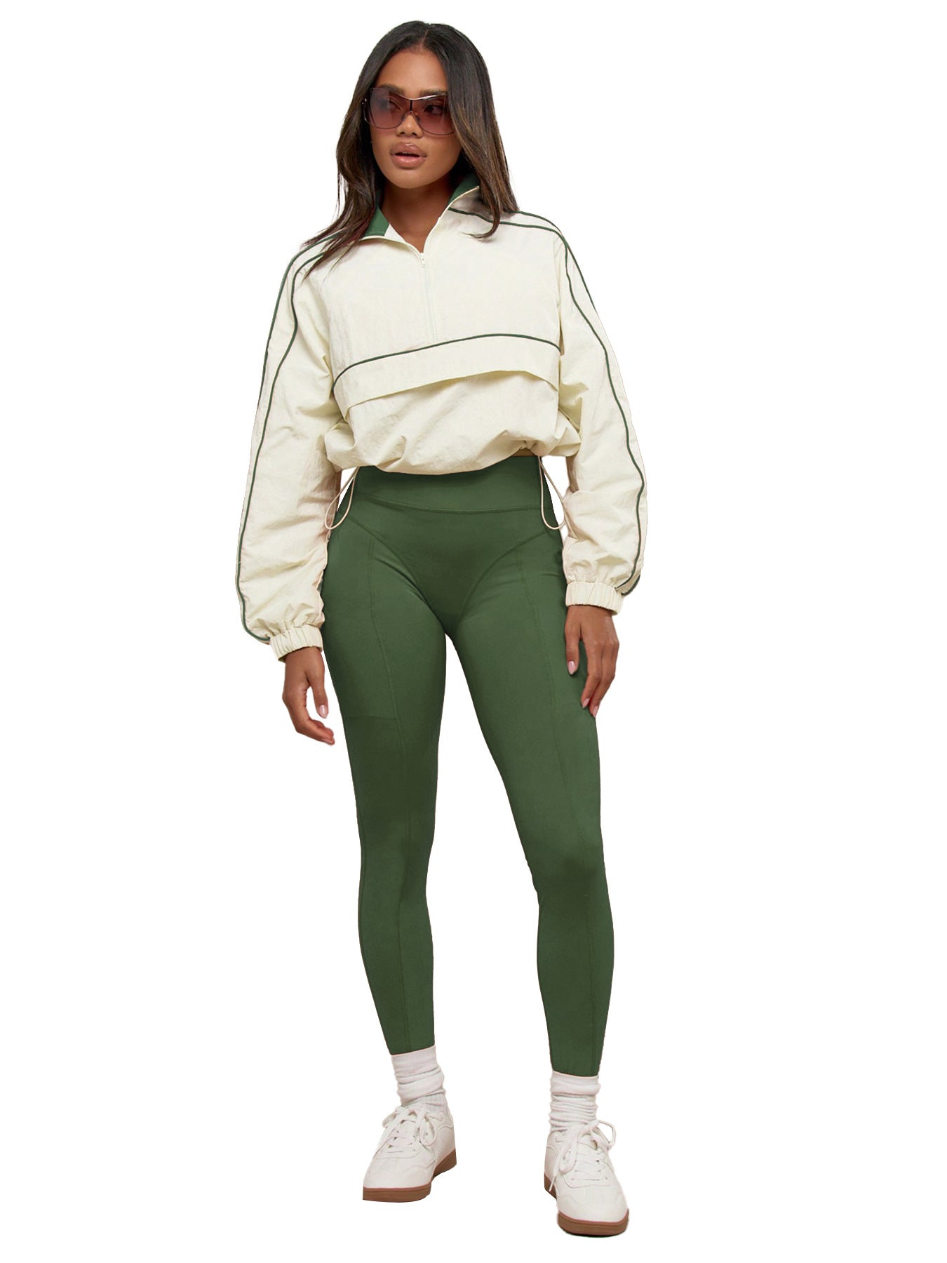 Women's drawstring waist-cinching nylon top, yoga pants, two-piece sporty and casual set