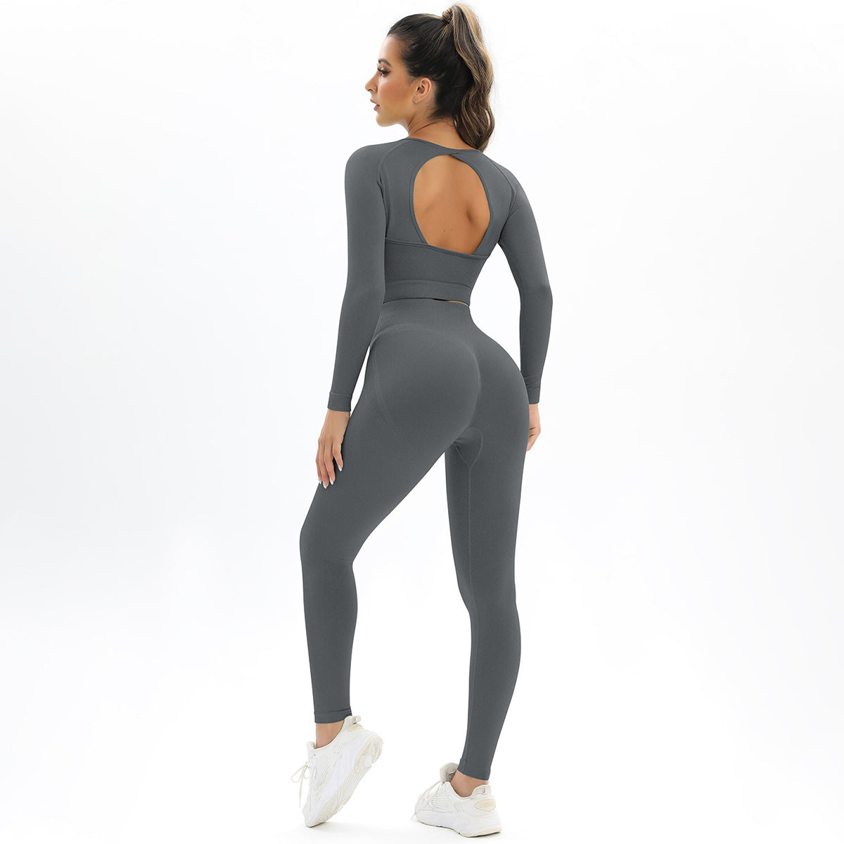 New Peach Seamless Knitting Backless High Elastic Long Sleeve Yoga Suit Sports Running Fitness Two-piece Women 6 Colors