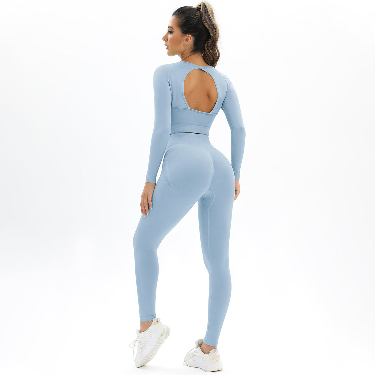 New Peach Seamless Knitting Backless High Elastic Long Sleeve Yoga Suit Sports Running Fitness Two-piece Women 6 Colors