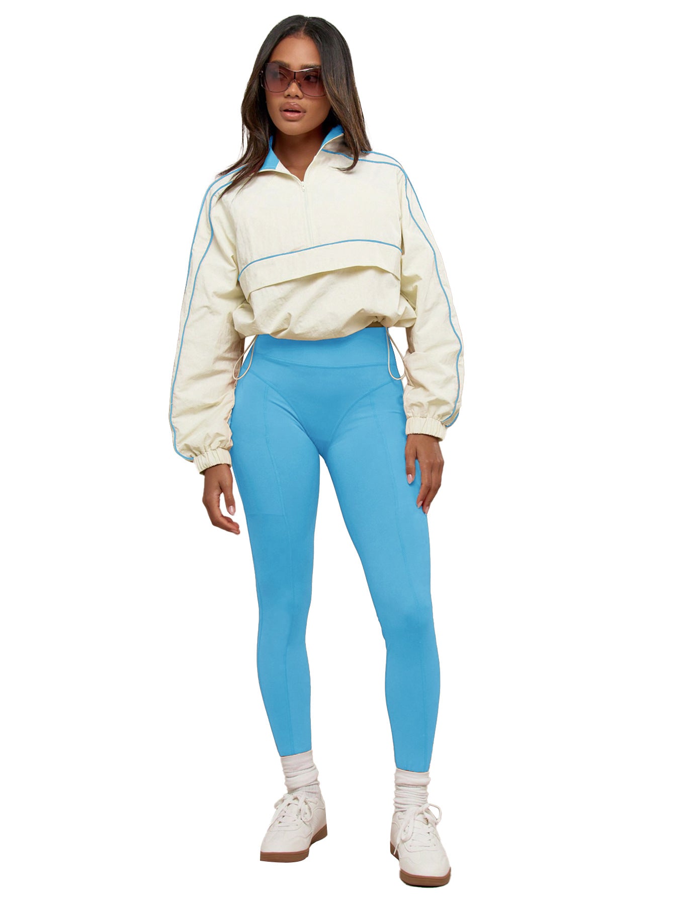 Women's drawstring waist-cinching nylon top, yoga pants, two-piece sporty and casual set