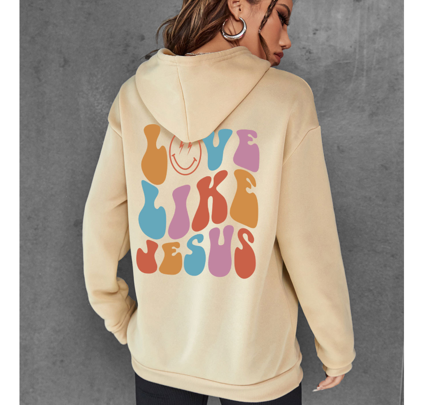 Fleece hoodie back letter print kangaroo pocket drawstring print 7 color