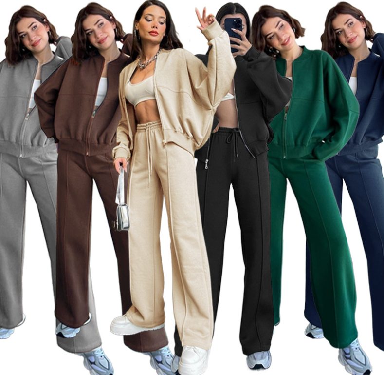211348 Solid color zip-up cardigan hoodie straight pant suit 6 colors