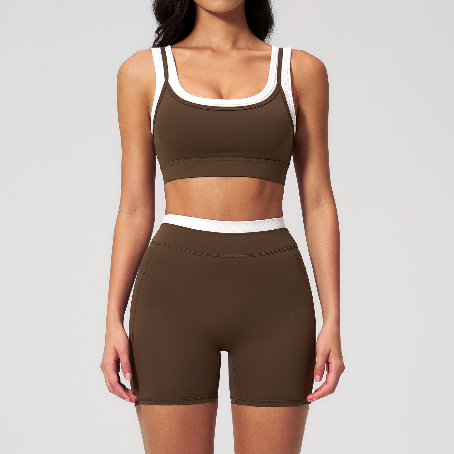 Nude Feel Color Block Yoga Set, Ribbed High Waist Outdoor Fitness Wear