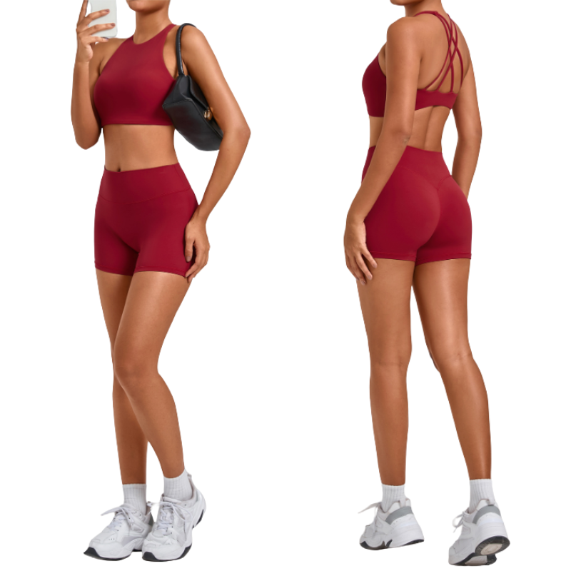 Cross back yoga suit tight fit quick dry fitness suit detachable chest pad sports shorts suit