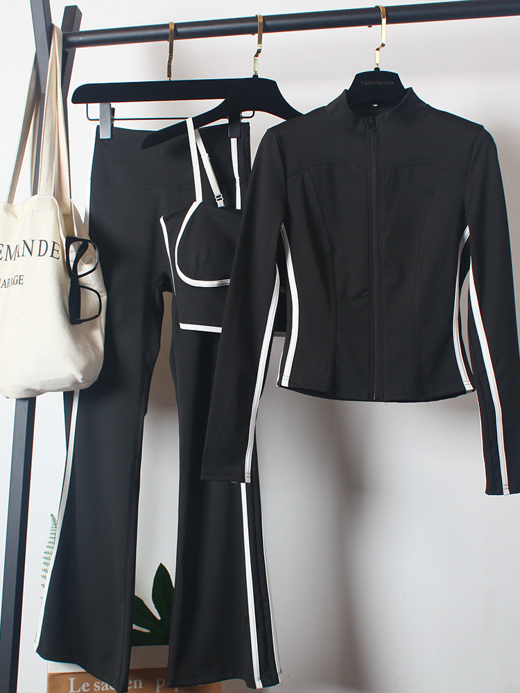 High-Waisted Flared Yoga Pants 3-Piece Zipper Set Women Slim Fit Running Tracksuit