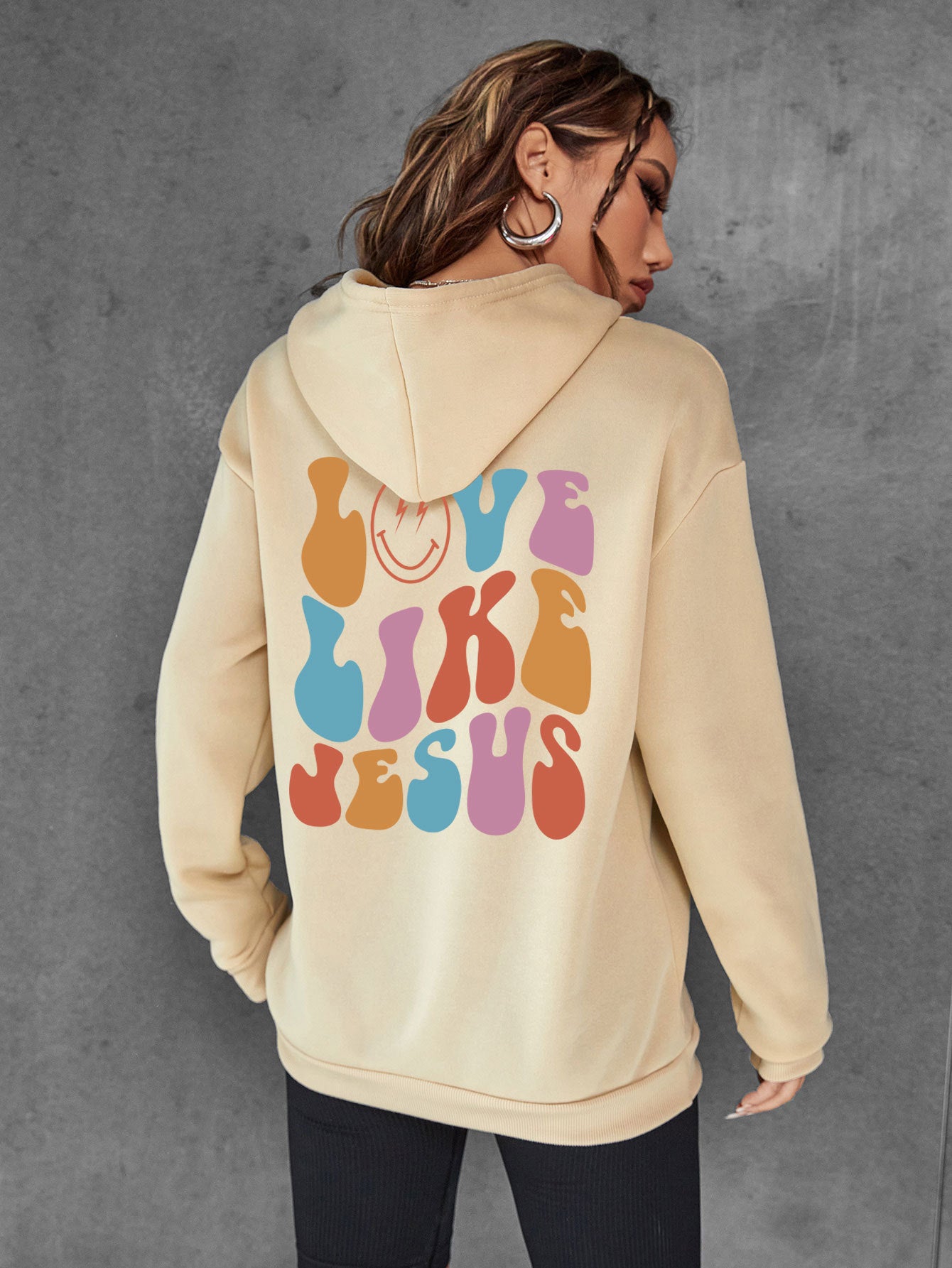 Fleece hoodie back letter print kangaroo pocket drawstring print 7 color