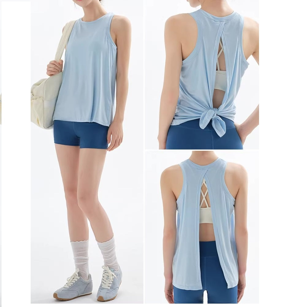 Women Loose Fit Quick Dry Sports Tank Top Set, Open Back Sleeveless Yoga Cover Up with Yoga Shorts for Running Workout