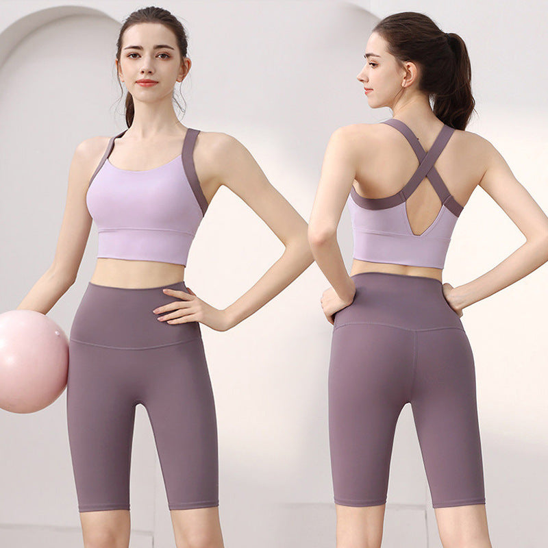 Women High Impact Fixed Cup Sports Bra Yoga Set, Shockproof Beauty Back Workout Tank & Shorts for Summer Training