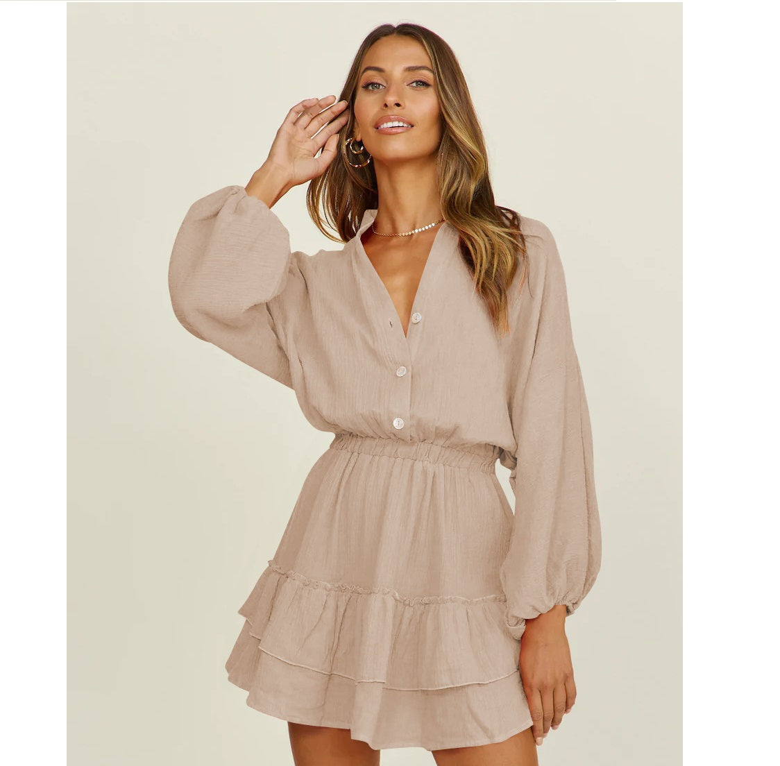 Long sleeve dress temperament V-neck chiffon skirt high waist slimming A-line skirt