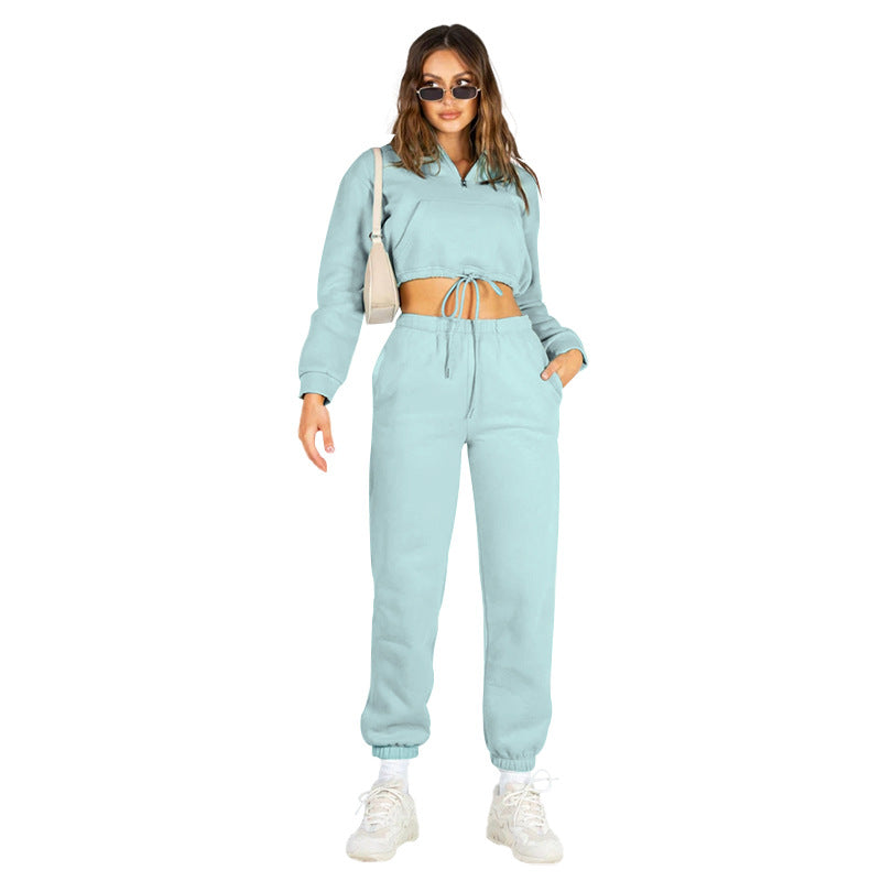Solid color stand-up collar zipper drawstring midriff and fleece hoodie pant set 4COLOR