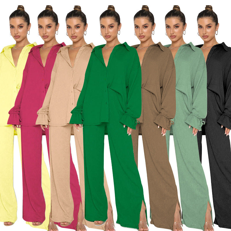 Solid color lapel single breasted long sleeve lace-up top Fashion pant
