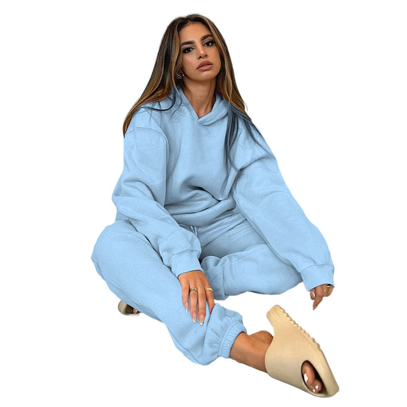 Autumn and winter solid color hooded long sleeve trousers hoodie set 8 colors