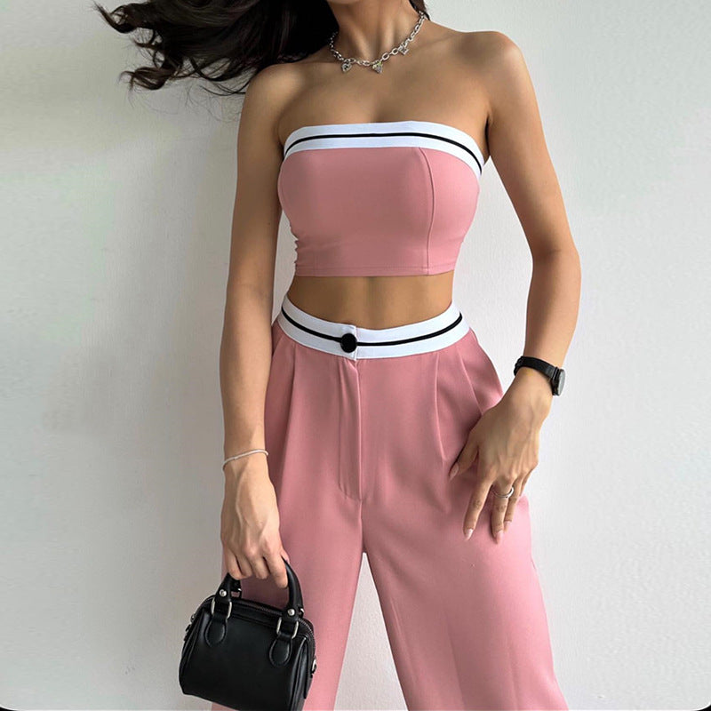 Sports vest top top color contrast high waist wide leg pants casual suit 4colors