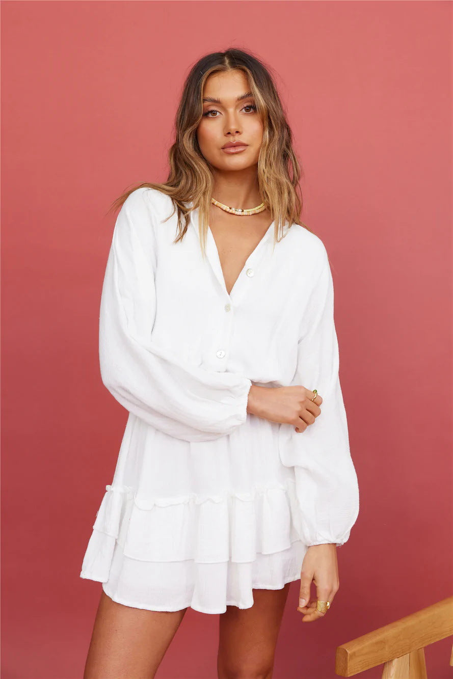 Long sleeve dress temperament V-neck chiffon skirt high waist slimming A-line skirt