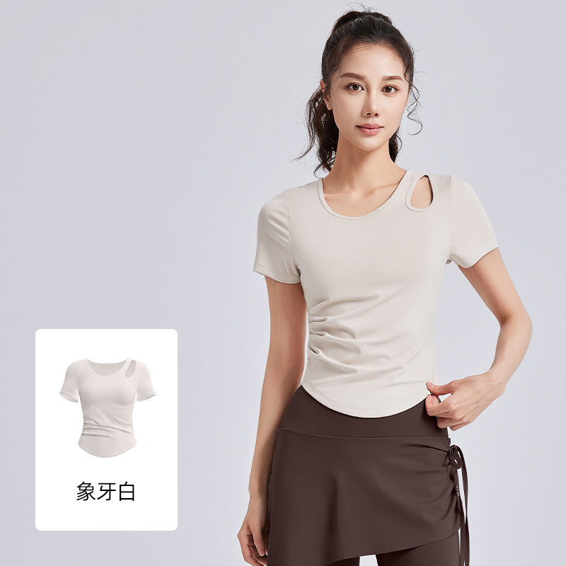 Women Slim Fit One-piece Cup Yoga Top with Built-in Pads, Short Sleeve Summer Fitness Shirt
