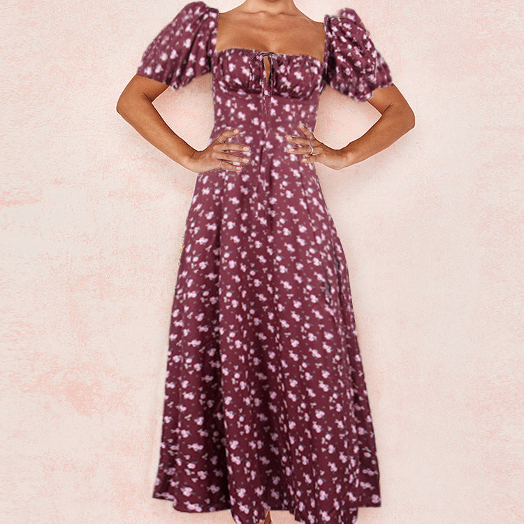 New floral square collar lady slit big swing dress 16 colors