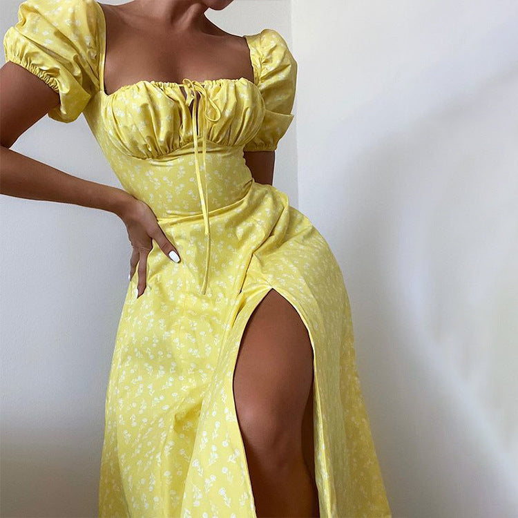 New floral square collar lady slit big swing dress 16 colors