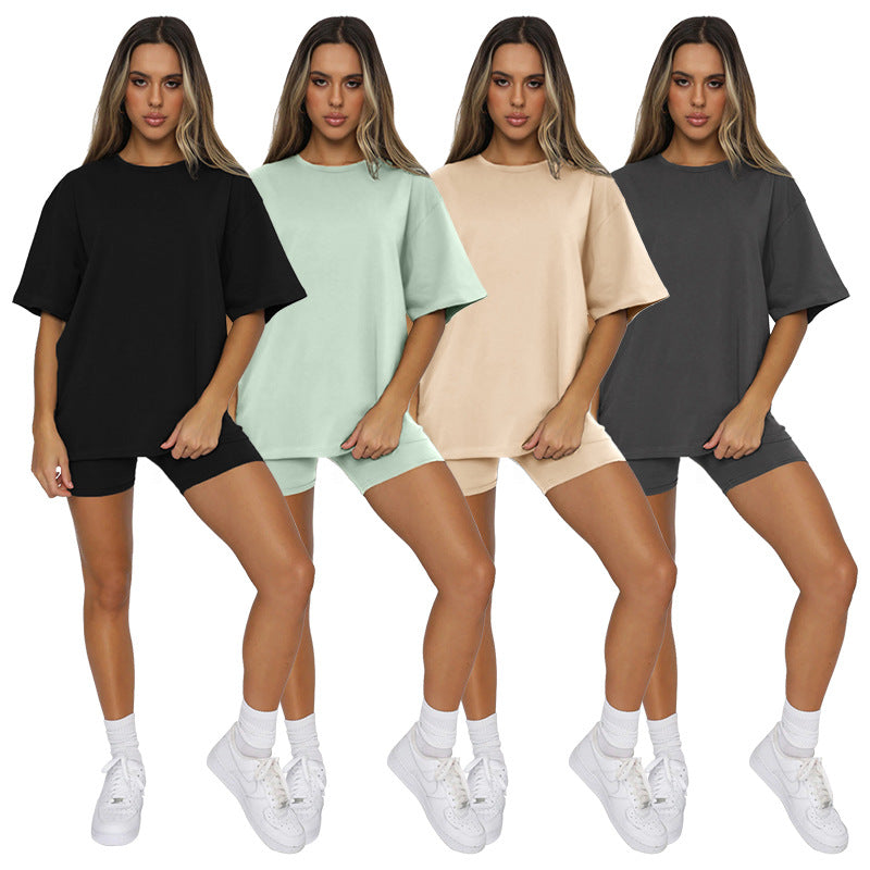 Solid color short-sleeved crew neck blouse casual shorts fashion suit 4COLOR