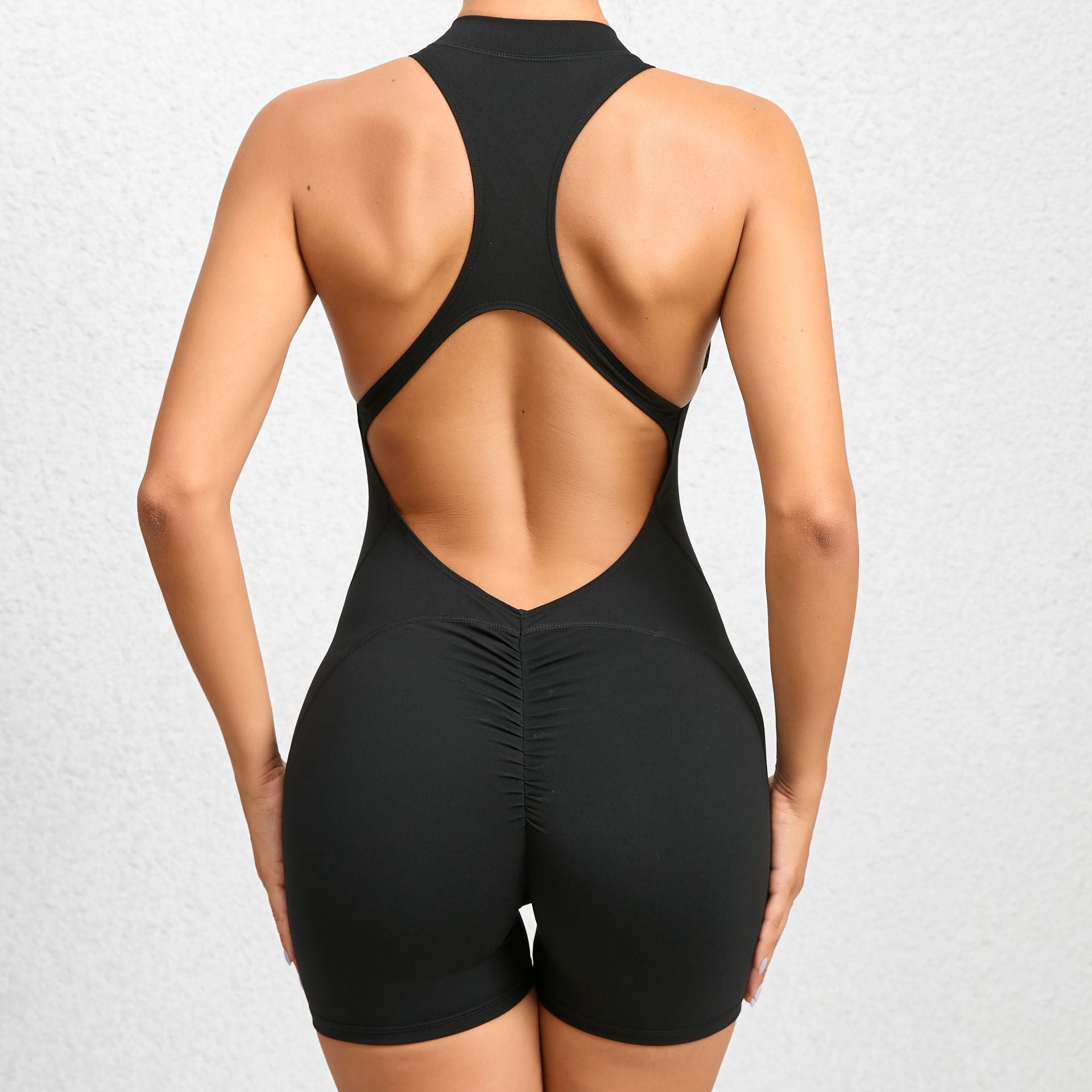 Bodycon one-piece Quick dry Pleated fitness jumpsuit with zipper