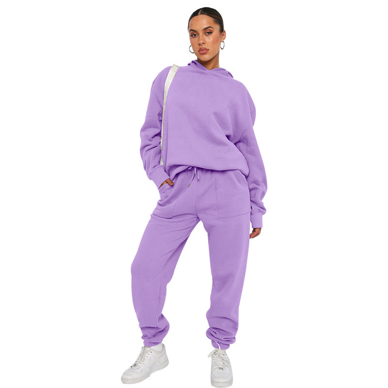 Solid color hooded long-sleeved hoodie women's fashion casual pantsuit 9 colors