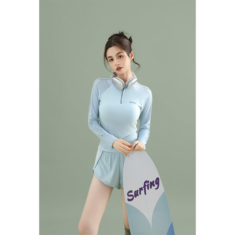 Women's 2-Piece Long Sleeve Sun Protection Swimsuit, Conservative Slim Fit Athletic Bathing Suit