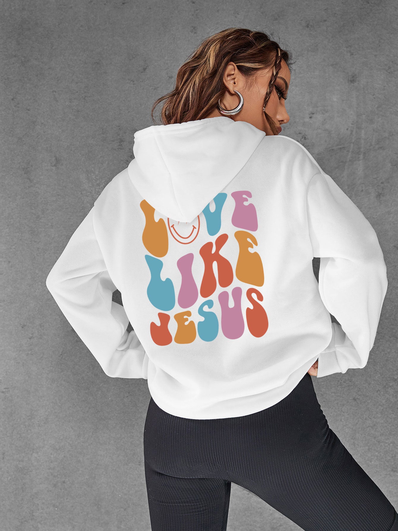Fleece hoodie back letter print kangaroo pocket drawstring print 7 color