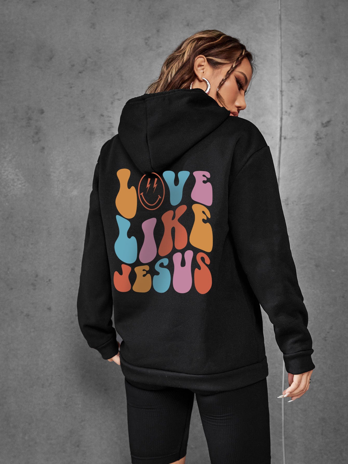 Fleece hoodie back letter print kangaroo pocket drawstring print 7 color