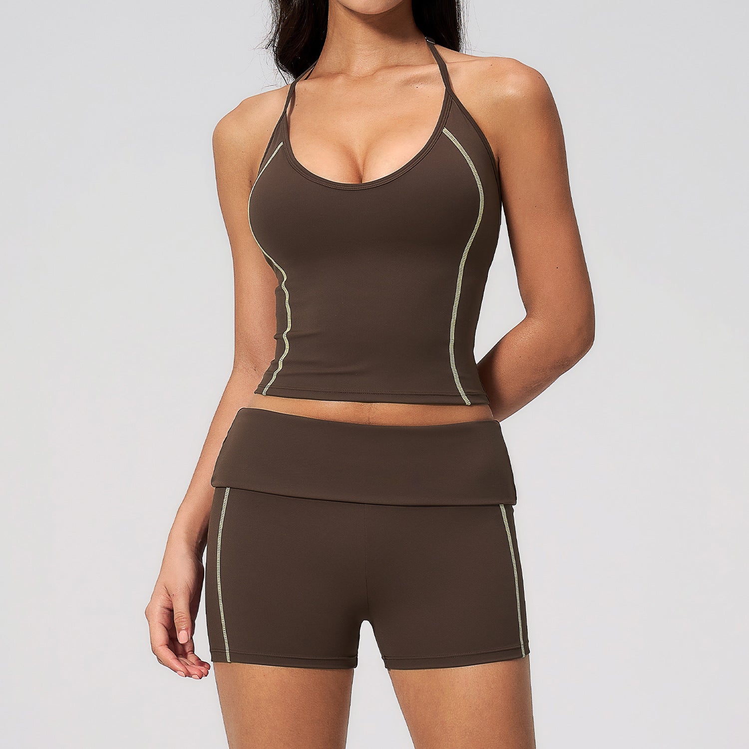 New Fashion Yoga Set, Halter V-Neck High Waist Crossover Waistband Slimming Color Block Sports Outfit Style 4533