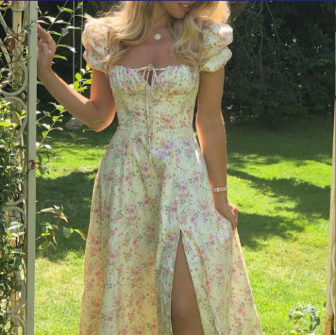 New floral square collar lady slit big swing dress 16 colors