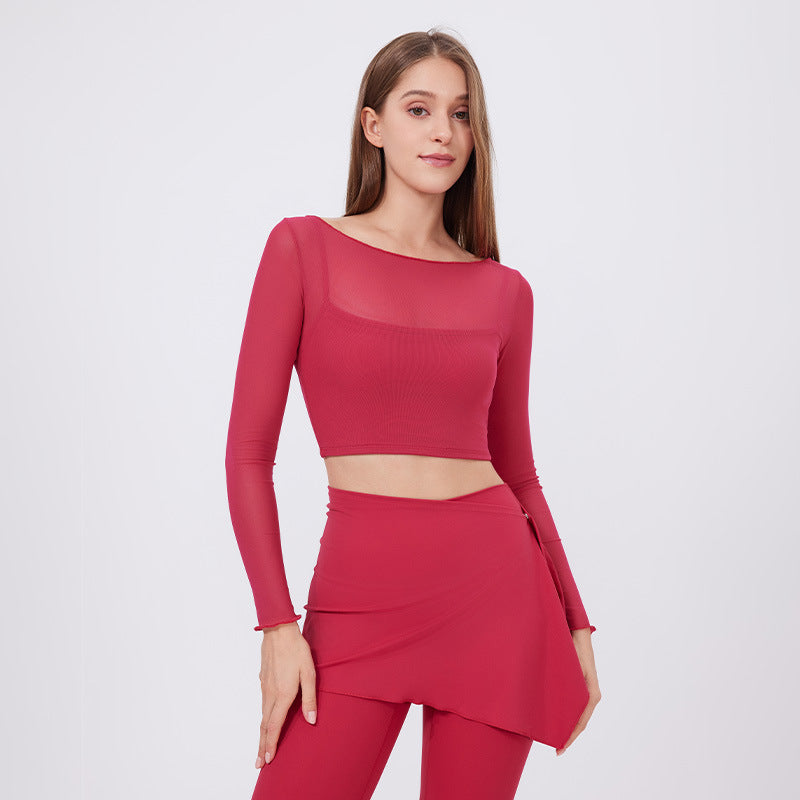 Mock Two-Piece Mesh Long Sleeve Cropped Top with Built-in Padded Bra + Flare Leg Pants & Detachable Skort 3-Piece Set