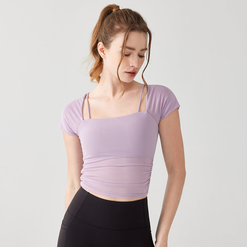 Mock Two-Piece Mesh Padded Sports Bra Top, Built-in Cup Short Sleeve Yoga Fitness Tee for Women