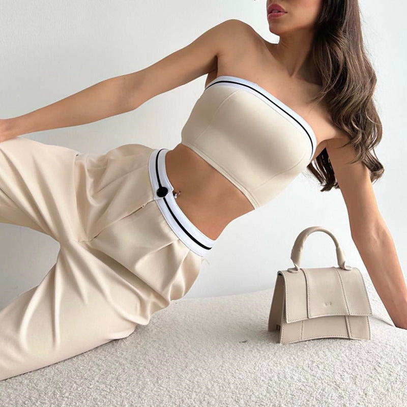 Sports vest top top color contrast high waist wide leg pants casual suit 4colors