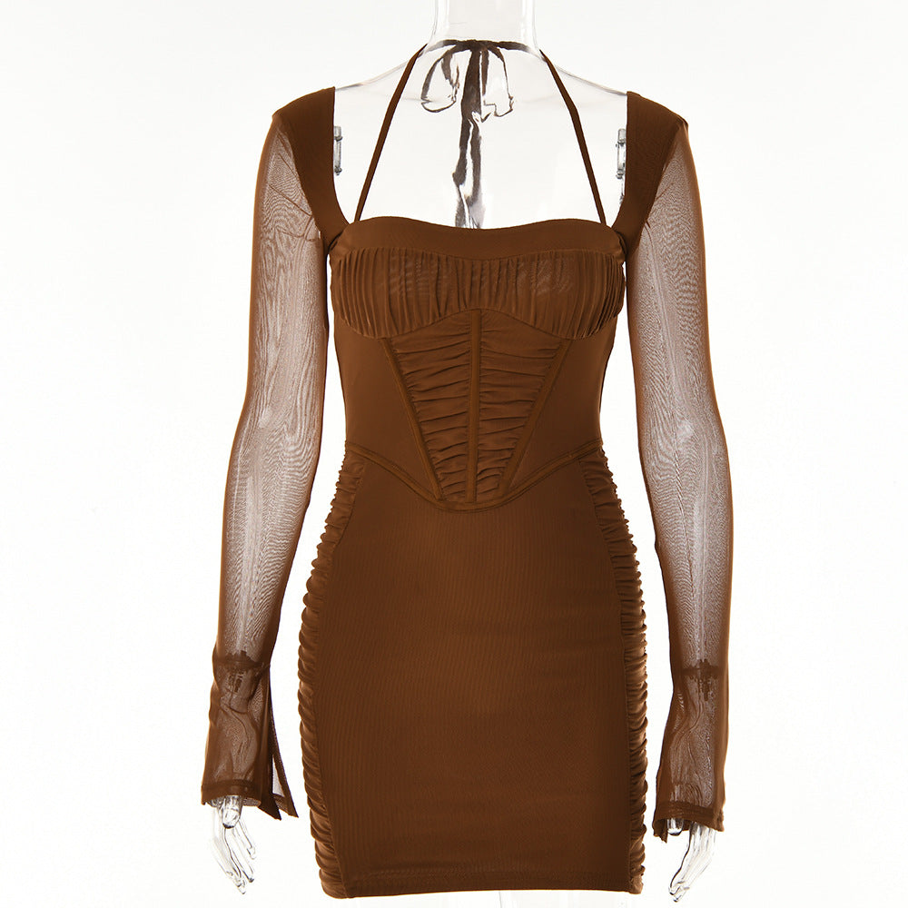 Sexy low-cut sheath dress autumn new long-sleeved halter backpacking hip skirt women 2 colors