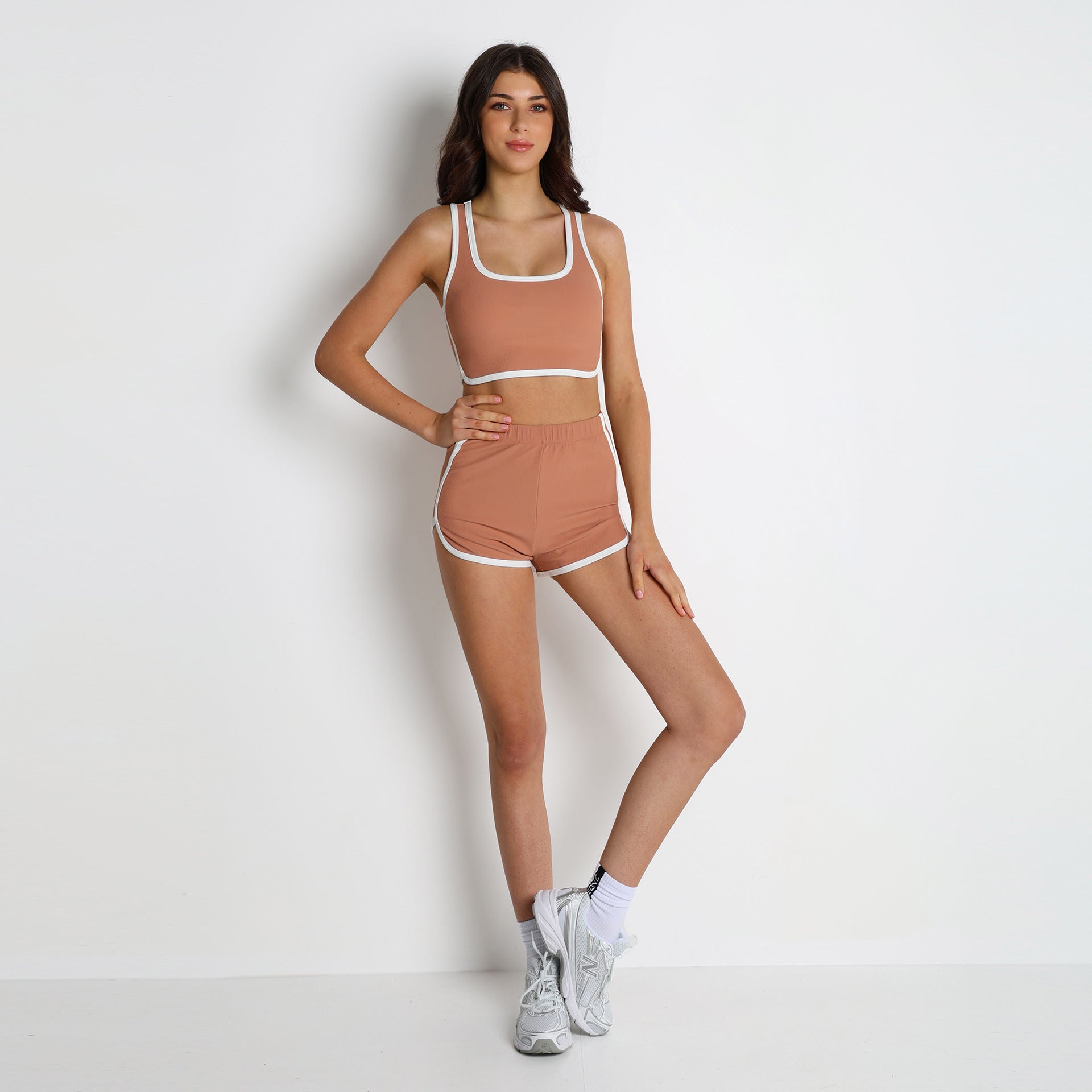 Ribbed Tank Top with Built-in Bra & Color-blocked Shorts, 2-Piece Yoga & Activewear Set
