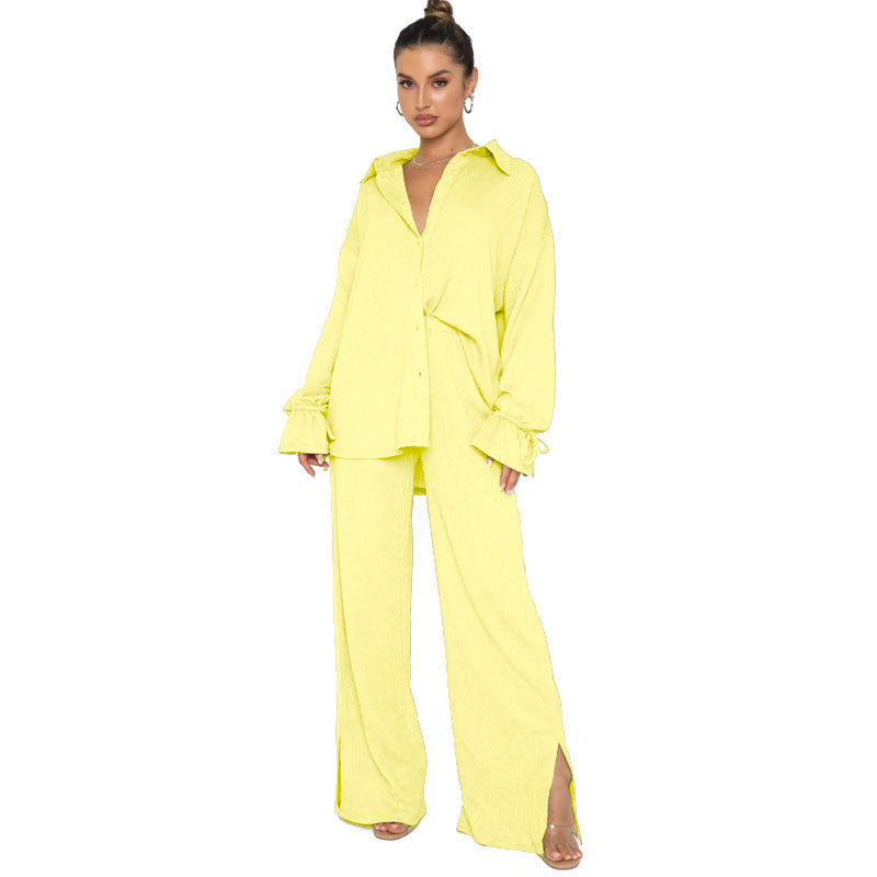 Solid color lapel single breasted long sleeve lace-up top Fashion pantsuit 7 colors