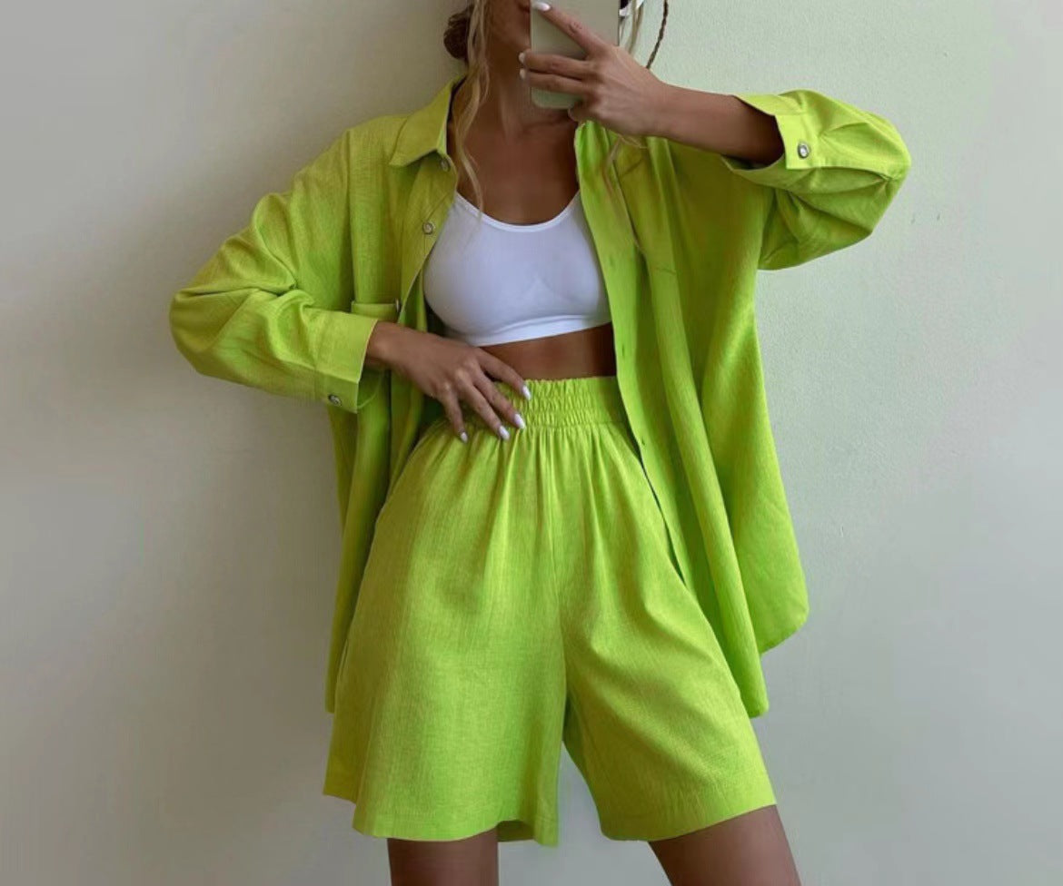 New solid color single-breasted long-sleeved shirt loose fashion casual shorts set 7 colors
