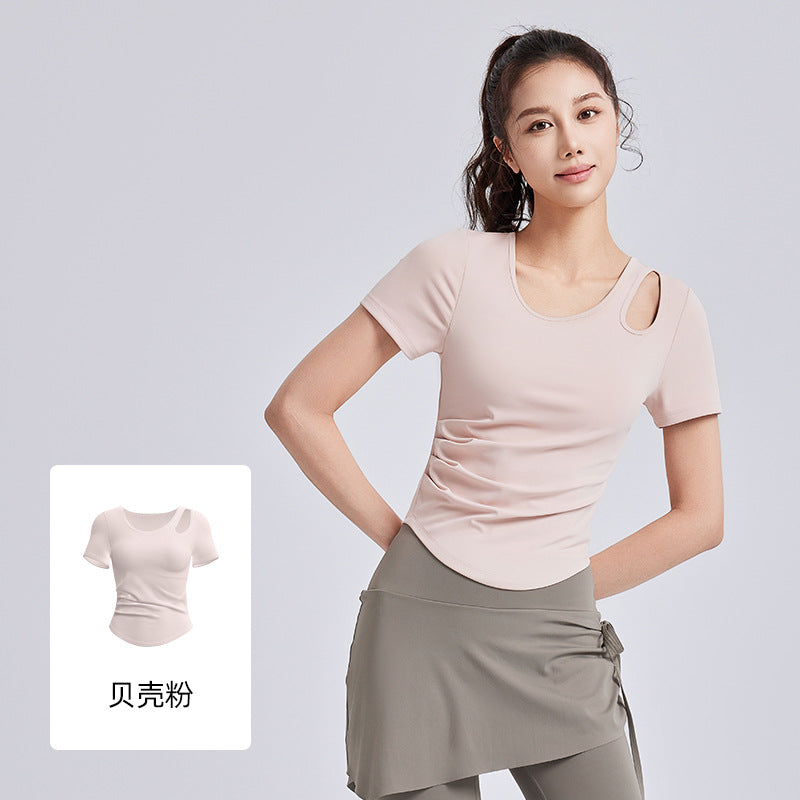 Women Slim Fit One-piece Cup Yoga Top with Built-in Pads, Short Sleeve Summer Fitness Shirt