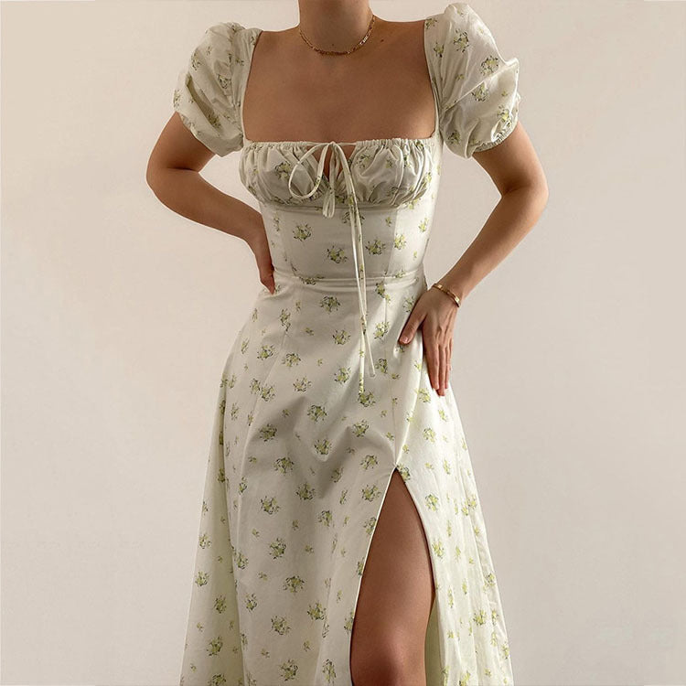 New floral square collar lady slit big swing dress 16 colors