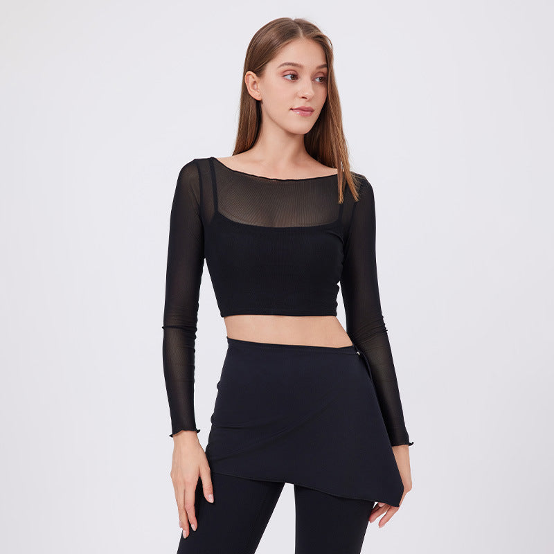 Mock Two-Piece Mesh Long Sleeve Cropped Top with Built-in Padded Bra + Flare Leg Pants & Detachable Skort 3-Piece Set